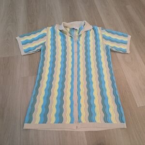 Yllw The Label Blue And Yellow Squiggle Button Up Mini Dress Knit Size S